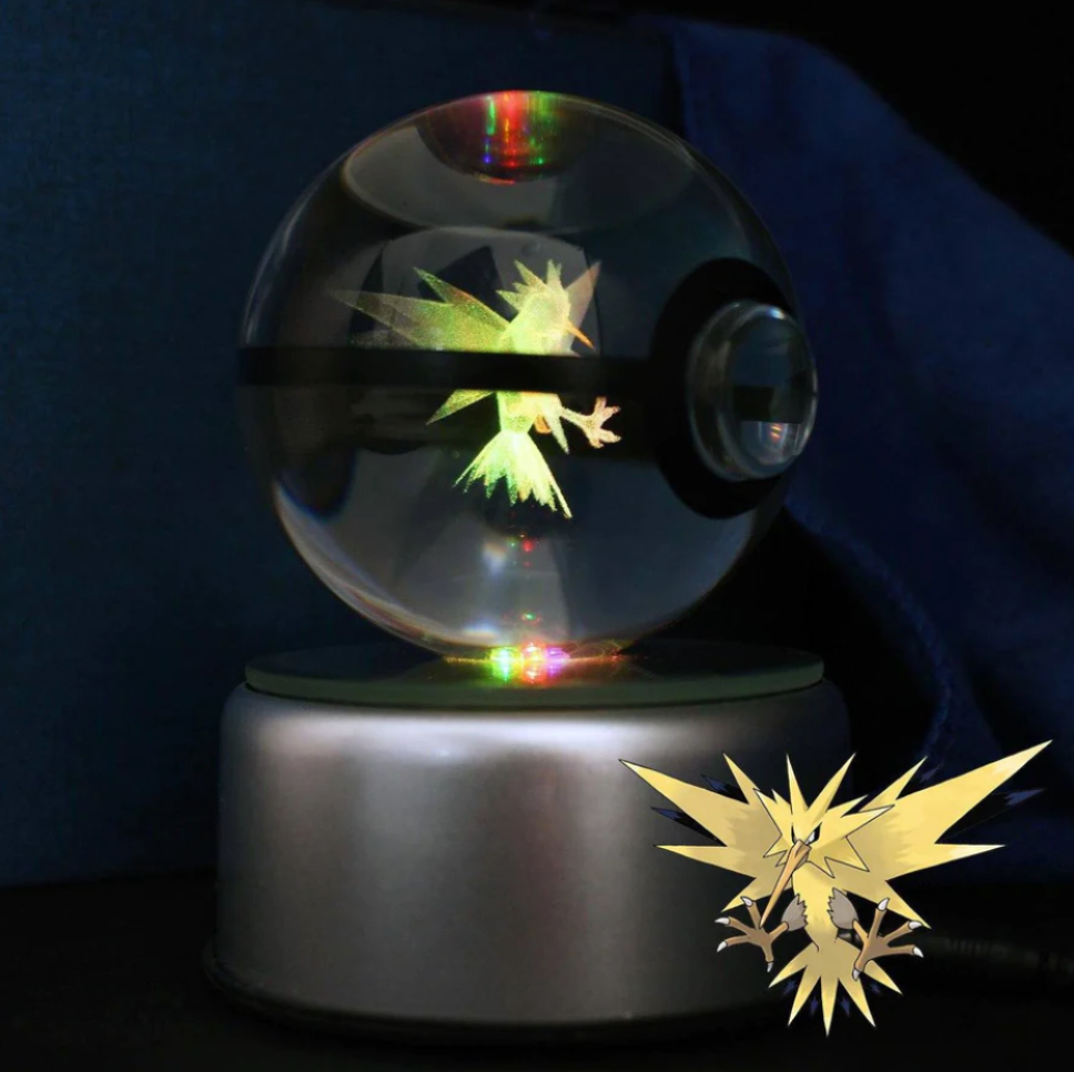 Zapdos Large Crystal Pokeball 3D Laser Engraving – Crystal PokeVerse